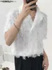 Homens camisetas 2023 homens camisa cor sólida borla transparente lapela manga curta casual roupas masculinas streetwear coreano sexy camisas S-5XL24328