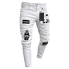 белые рваные джинсы скинни с вышивкой мужские Cott Stretchy Hole Slim Fit джинсовые брюки в стиле хип-хоп повседневные джинсы для мужчин спортивные брюки t4nE #