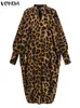 Casual Dresses Summer Vestidos VONDA Bohemian Women Midi Dress 2024 Sexy Leopard Printed Pleated Robe Loose O Neck Long Sleeve