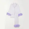 Accueil Vêtements 2024 Vêtements de nuit à manches longues Pyjamas en plumes d'autruche pour femmes Vêtements de luxe Deux pièces Pyjama violet Ensemble de fête