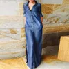 Freizeitkleider Damen A-Linie Jeanskleid Bohemian Maxi mit Kragen geteilter Saum für Herbst Frühling Plus Size Damen knöchellang