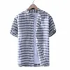 schinte 100% Pure Linen Striped Summer Shirt Men Breathable Stand Collar Short Sleeved Casual Comfortable Shirt New D7Vg#