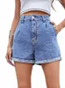 Benuynffy Sólido Alto Cintura Recta Jean Shorts Mujeres 2024 Verano Casual Streetwear Ladies Pocket Rolled Hem Denim Shorts X6fG #