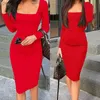 Vestidos casuais básicos elegantes mulheres ombro frio sexy chique vermelho coquetel slim fit gola quadrada manga comprida design bodycon midi vestido yq240328