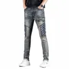 Fi Retro Broderie Jeans pour hommes Nostalgique Slim Design Cool Hip Hop Pantalon Persalized Zipper Pantalon Lg pour hommes i73Y #