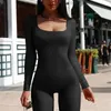Kadın Yoga İnce Fit Tulum Katı Şeritli Örgü LG Sleve Square Boyun Bodyc Tulum Romper Spor Yoga Playsuits 426D#