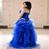 Atemberaubende königsblaue Ballkleider 2024, A-Linie, Oranza, Rüschen, Applikationen, Spitze, Abendkleider, elegantes trägerloses Korsett, Schnürung, formelles Kleid, Partykleid zum 16. Geburtstag