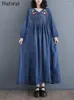 Casual Dresses Denim Oversized Spring Long Dress Women Flower Embroidery Fashion Ethnic Style Ladies Loose Ruffle Pleated Woman