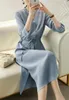 Casual Dresses Limiguyue Spring Summer Elegant Silk Shirt Dress Women Elastic High Waist A-Line V-neck Split Soft Satin Vestidos Z035