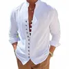 spring and Summer 100% Cott Linen Men's Lg Sleeved Shirts Solid Color Stand Collar Casual T-shirt Plus Size Men's Clothing 23GT#