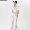 Herr t-shirts 2023 män jumpsuits blommutskrift lapel kort ärm rolig löst knapp ner streetwear casual manliga overall s-5xl24328