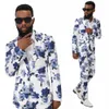 mens New Fi Slim Print Blue And White Suits Set 2PCS Suits Coat+ Pants Performance DJ Jacket Luxury Singer Star Coat u6mu#