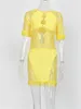 Sukienki swobodne Habbris Summer Yellow Hollow Out Mini Dress Wakacyjnie dla kobiet 2024 Tassels Short Sleeve BodyCon Beach