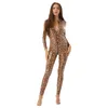 Mulheres Fi Leopard Print Patent Leather Bodysuit Streetwear Hot Stand Collar LG Manga Zipper Catsuit Slim Fit Macacão n1mv #