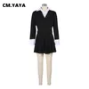 cm.yaya 2024 INS Women Fi Pleated Mini Skirts Suit and Shirt Patchwork Lg Sleeve Blazer Matching 2 Two Piece Set Outfits 41mw#