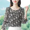 Kvinnors blusar Western Style Tryckt Chiffon Shirt Spring/Summer Korean Fashionable Round Neck Load Fiting and Age Reducing