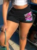 lw Plus Size Lip Letter Print High Waist Black Shorts Women Summer Streetwear Style Outfits Stretch Workout Gym Shorts B8QT#