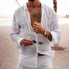 Vintage Herrenhemden Cott Leinen Atmungsaktives Strand-Stil-Hemd Klassischer fester Hintern-Revers Lg-Hülsen-Übergröße-Hemden Streetwear v7ta #