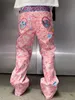 Design Sense artigianato pesante mimetico rosa camuffato ricamato da jeans uomini hip hop hop unisex pantaloni a largo dritta 240320 240320
