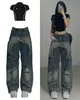 Sexy Harajuku Y2k Baggy Jeans Vrouwen Ripped Hoge Taille Cargo Broek Veelzijdige Wijde Pijpen Multi Pocket Denim Broek Streetwear c63q #