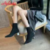 Сапоги Aphixta черные 6 см металлические квадратные каблуки хлопковые носки для ботинок женщин растягиваем