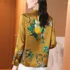 Women's Blouses Real Silk Satin Shirt Spring Summer Elegant Stand Collar Long Sleeve Woman Shirts Female Vintage Print Blouse