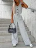 Summer Autumn Two Piece Set for Women Fashion Sleeveless Striped Vest Blazer Top and Ruched Wide Pants Office Suit 240328