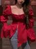 Blusas femininas vermelho estilo coreano sexy blusa feminina design chique casual elegante feminino 2024 verão doce manga longa roupas de festa à noite
