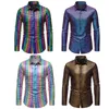 mens laser Shirts Sequins shirt 70s Disco Party Tops Gold Sier Plaid Blouses Rainbow Print Lg Sleeve lapel camisas de hombre O3ru#