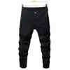 Mężczyźni Slim Biker podarte lg dżinsowe spodnie chude dżinsy kieszonkowe młody człowiek joggingowe spodnie zniszczone elastyczne czarne spodnie j60q#