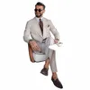 2023 Neue Hochzeitsanzüge für Männer Licht Khaki Spitze Revers Busin Casual Formale Zweireiher Slim Fit 2 Stück Set Jacke Hosen j9Yr #