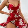 Ropa de dormir para mujer Estampado de flores Chemise Verano Mujer Camisón largo Sexy Slim Split Suspender Nightdress Loungewear Satin Homewear