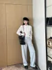 여자 재킷 Xiaojingjia의 동일한 프랑스 틈새 디자인 대비 컬러 짧은 슬리브 작은 향기로운 상단 와이드 다리 바지 2 피스 슈트