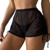 Sido-dragkamp med hög midja bikini shorts fast färg elastisk midjeband simning stammar genomskinliga över knä kvinnor strand shorts o2ji#