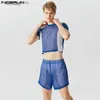 Men's T-Shirts Men Sets Mesh Patchwork See Through O-neck Short Sleeve Crop Tops Shorts 2PCS Streetwear 2024 Loose Mens Suits S-5XL24328