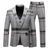 Mannen Plaid 3 Delige Pak Set Blazer Vest Broek Britse Stijl Slanke Double Breasted Bruiloft Dr Jas Jas Broek Vest L1F7 #