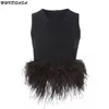 NHKDSASA Fashion Shirt Top Women Black Patchwork Feathers Korean Round Neck Sleeveless Slim Tops Female Summer Clothing 240314