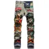 Mężczyźni wydrukowane dżinsowe jeansy streetwearu Streetwear Skull Flame Painted Pants Vintage Butts Fly Slim Risped Spodni A9qt#