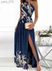 Grundläggande casual klänningar 2023 sommar sexig lång kjol elegant en-axel blommig pendlare gradient hög slits ihålig fest asymmetrisk klänning yq240328
