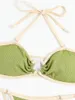 Damenbadebekleidung Grüner Badeanzug Frau 2024 Niedrige Taille Tanga Bikini 2-teilig Patchwork Neckholder Badeanzug Rückenfrei Beachwear YX8203