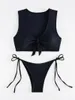 Women's Swimwear Sexy Black Bow Tie Bikinis Sets Two Pieces High Waist Thong Swimsuits Women Biquini Bathing Suits