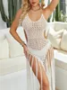 Women Summer Bikini Cover Ups Sexy Hollow Out Open Back Crochet Beach Smock Dress With Tassels Swimsuit Bathing Suit Beachwear