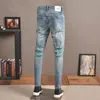 Fi streetwear calças de brim masculinas retro azul elástico fino ajuste rasgado calças de brim dos homens do vintage pintado designer hip hop calças hombre y908 #