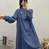 Vestidos casuais denim mulheres vestido 2024 primavera verão cor sólida solta retro moda manga longa uma linha senhora feminina yoyikamomo