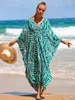 Boho vert impression robe de plage décontracté col en V manches chauve-souris côté fendu caftan 2024 femmes vêtements d'été robes maxi Q1297 240323