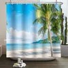 Rideaux de douche Été Bord de mer Rideau de plage Soleil Mer Océan Palmiers tropicaux Feuilles Flamingo Salle de bain Baignoire Décor avec crochets