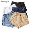 Streamgirl Shorts Jeans Mulheres Brancas Mulheres Calças de Brim Curtas Cáqui Perna Larga Cintura Elástica Vintage Cintura Alta Shorts Mulheres Verão D43c #