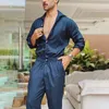 Mens Solid Color Jumpsuit Playsuit Buttons Casual Cargo Clothes Overalls Turn Down Collar Long Sleeve Oversized Waist Pants 240315