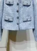 Women's Jackets Diamond Buttons Sparkling Sequin Coat or Ladies High Waist A-line Mini Skirt Suit 2024 Women O-neck Blue Tweed Set 231205