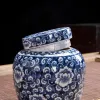 Latas de armazenamento de porcelana azul e branca Messen Latas seladas de doces com tampas Latas de chá de cerâmica doméstica Nozes Recipiente de armazenamento de grãos de café